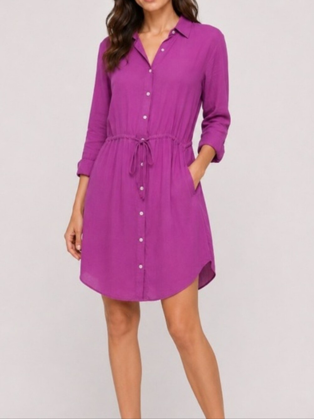 Women's Satin Button-Front Shirt Dress in Purple